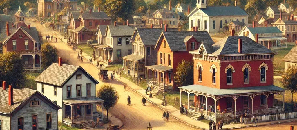 A picturesque landscape of Clyde, Ohio, in the early 20th century. The scene includes a small town with quaint houses, tree-lined streets, and a central town square. In the background, gentle rolling hills and a clear blue sky. The town has a charming, rustic feel with people walking around, horse-drawn carriages, and children playing. The architecture reflects a mix of Victorian and early 20th-century American styles, with brick buildings and white picket fences.